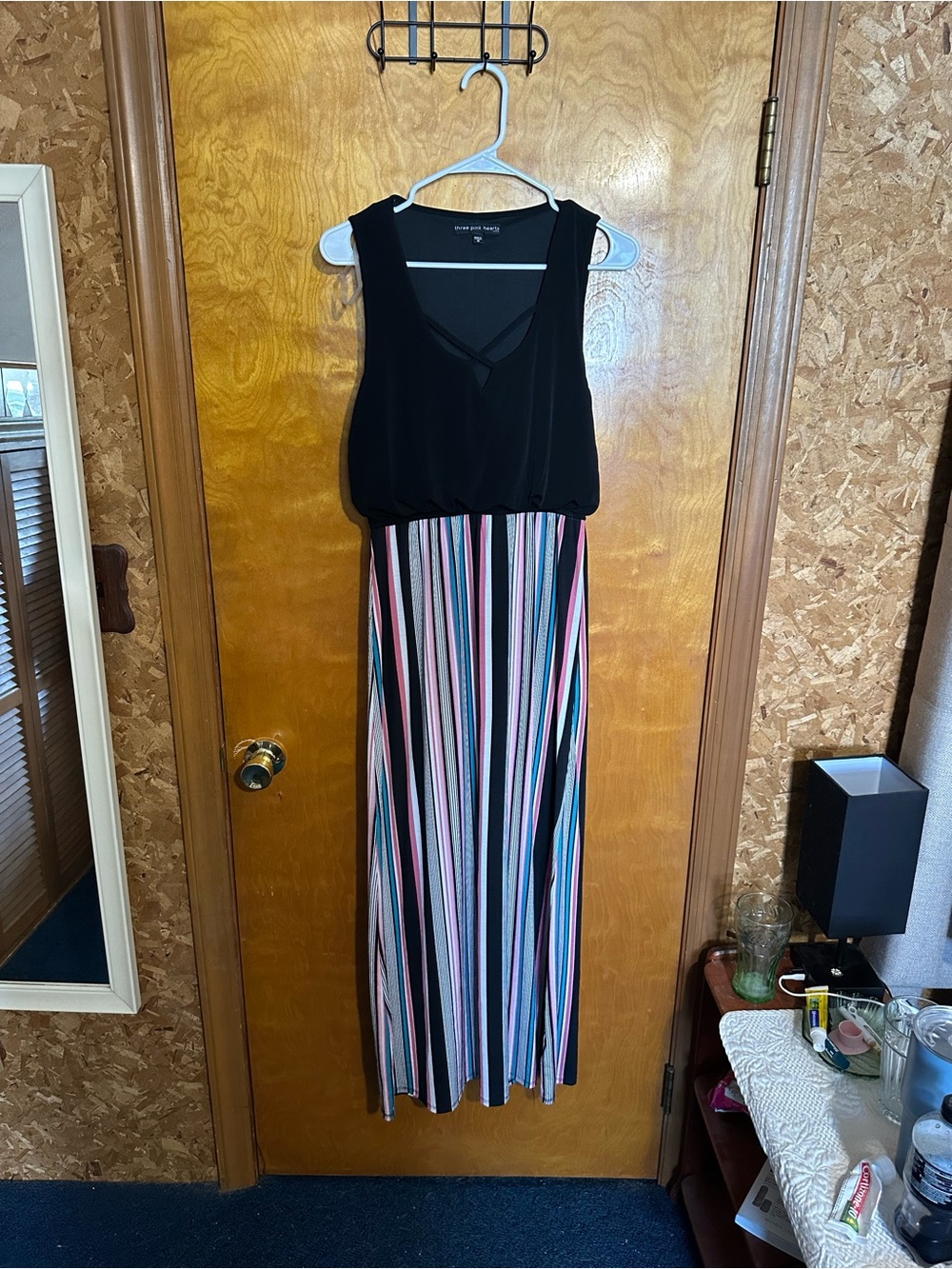 Three Hearts Black Bodice Maxi Dress with Multicolor Striped Skirt